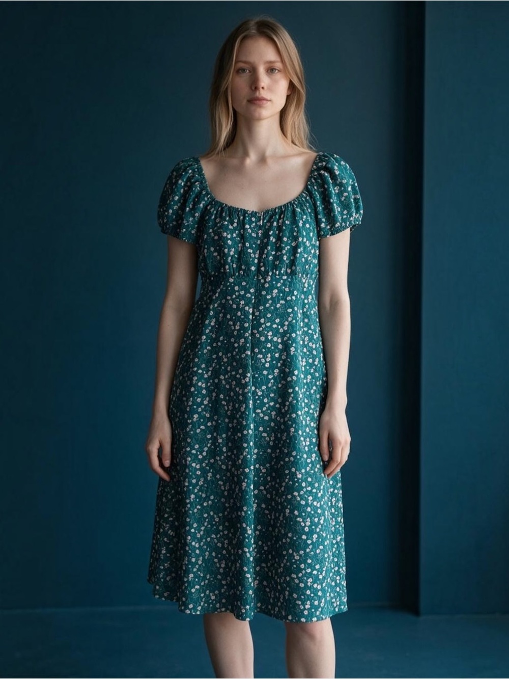 SHEIN Teal Floral Puff-Sleeve Midi Dress